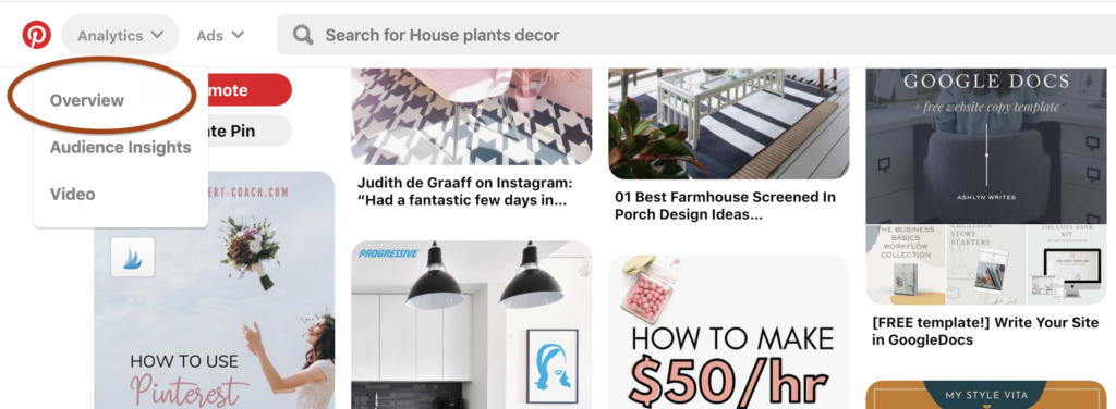 screenshot of where to find analytics overview in Pinterest