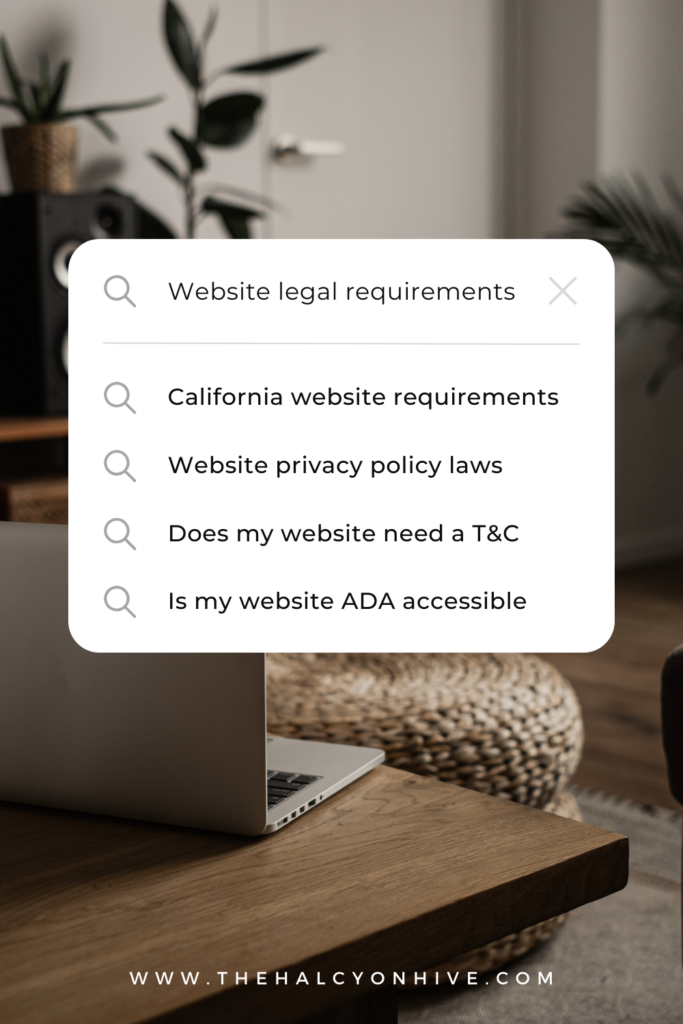 A text search box asking questions about website legal requirements